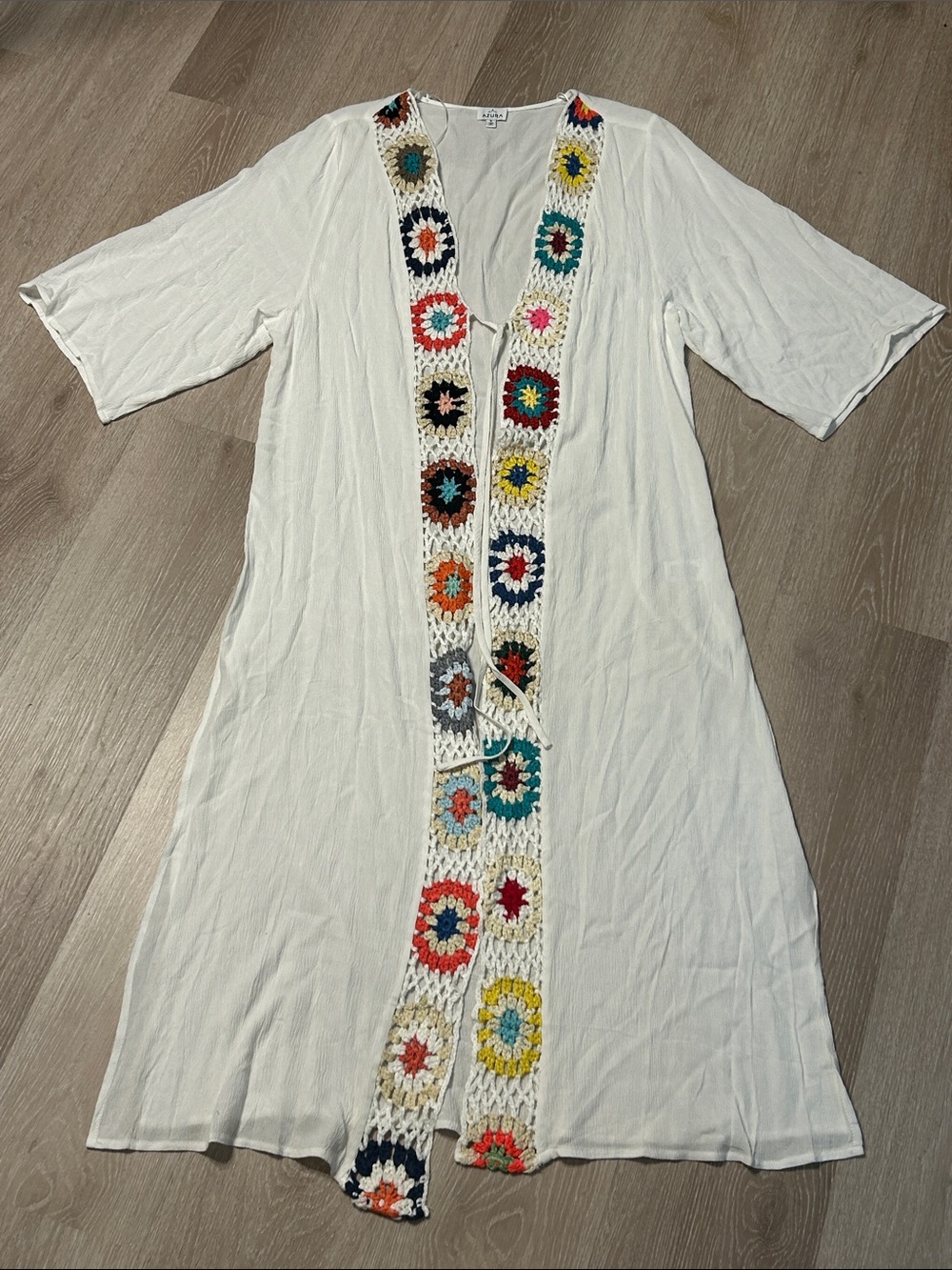 Azura Half Sleeve White Granny Square Trim Open Front Duster Sz Small